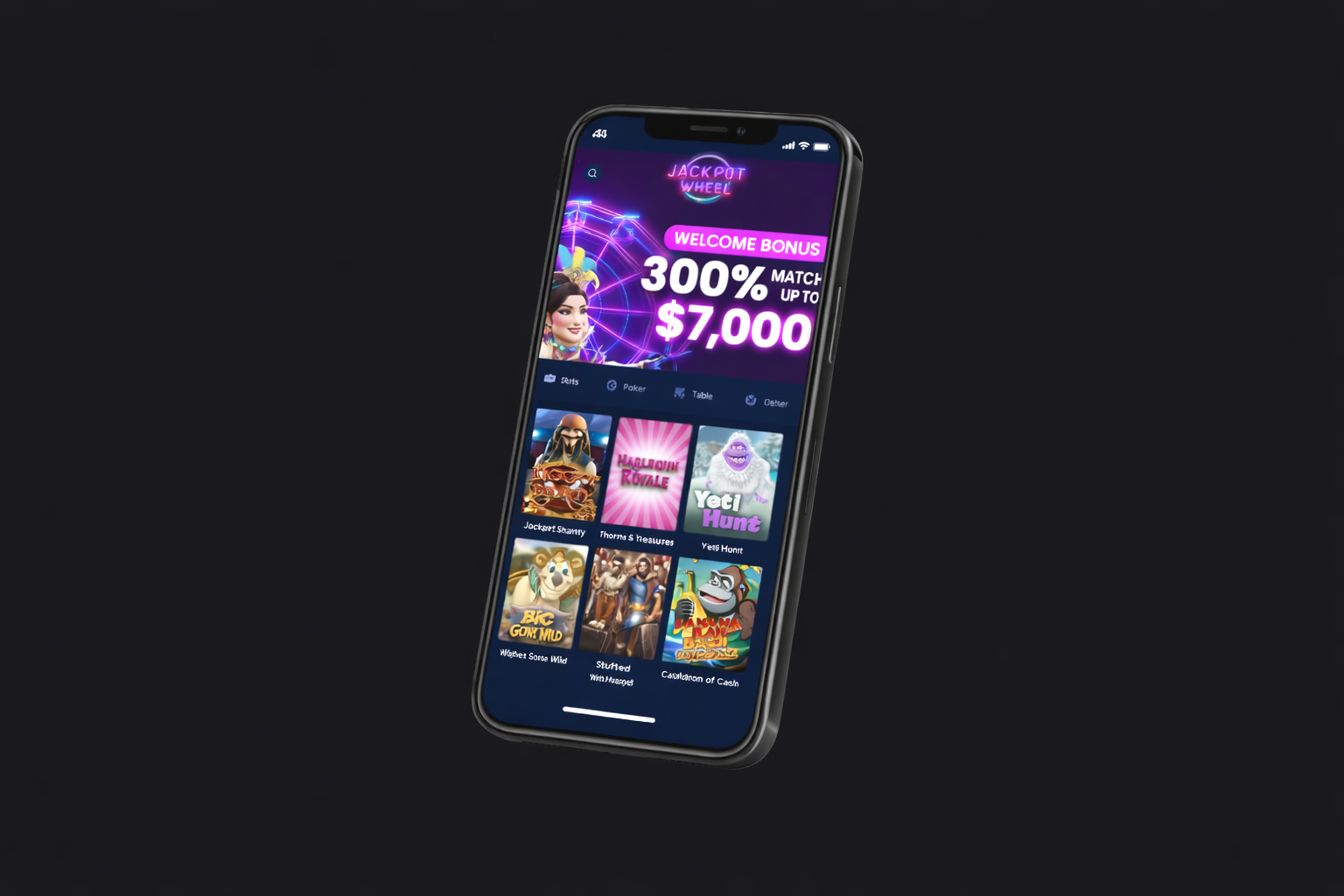 Jackpot Wheel Casino mobile interface showing game lobby and payment options on smartphone